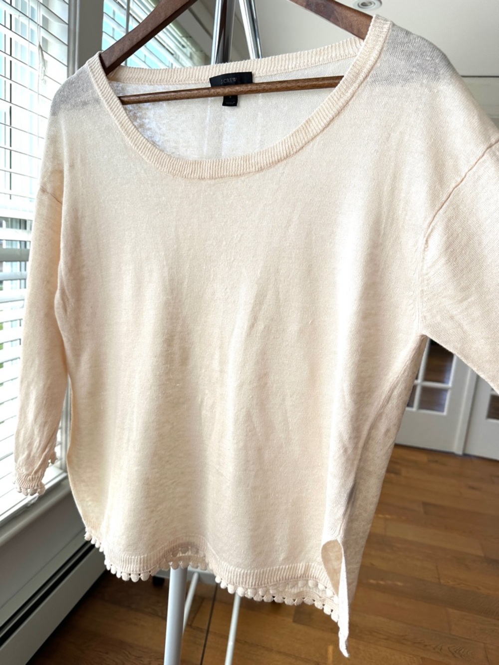 J. Crew Cream Scoop Neck Knit Top with Pompom Trim, 💯 Linen Knit